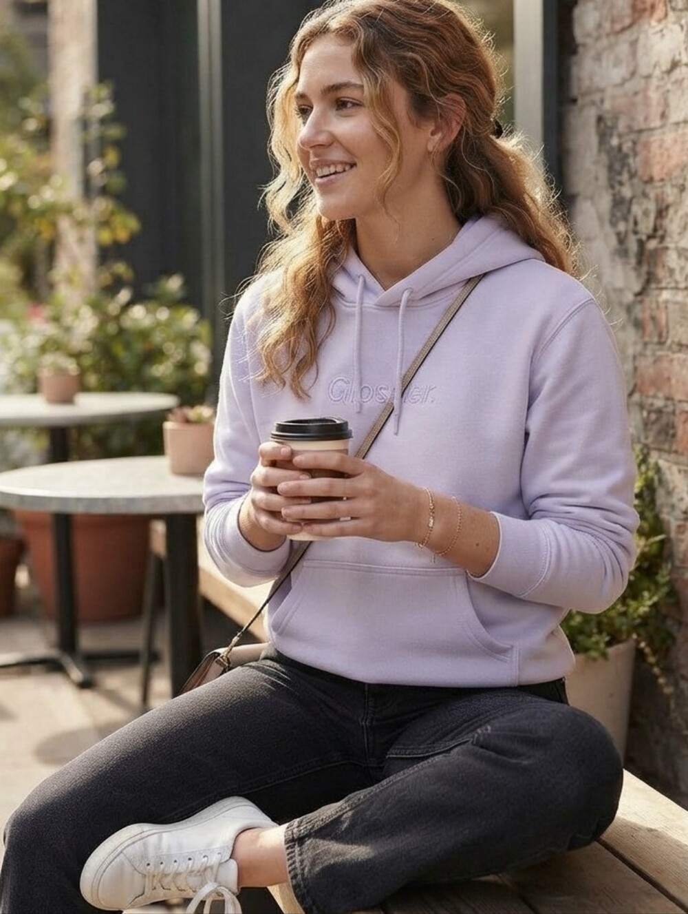 Glossier Lilac Lavender Embroidered Logo Hoodie Trendy Sweatshirt Winter Size L